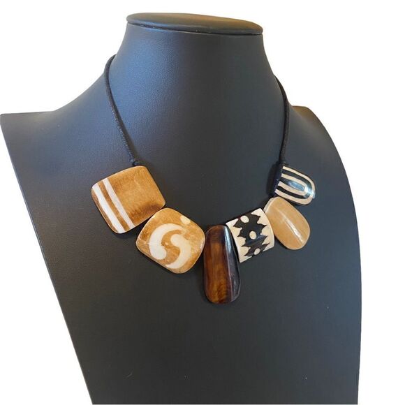 Six Piece Stone Tribal Looking Necklace on Black Adjustable Slide Cord. - Picture 2 of 6